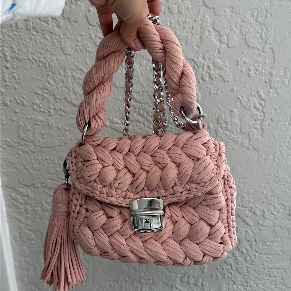 Pink Woven Handbag with Chain Strap